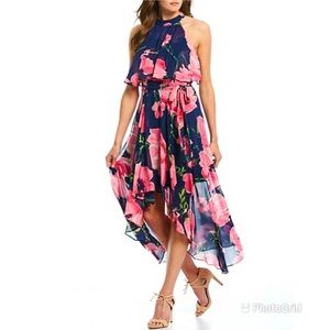 ELIZA J Floral Halter Maxi Dress Chiffon Blue Pink